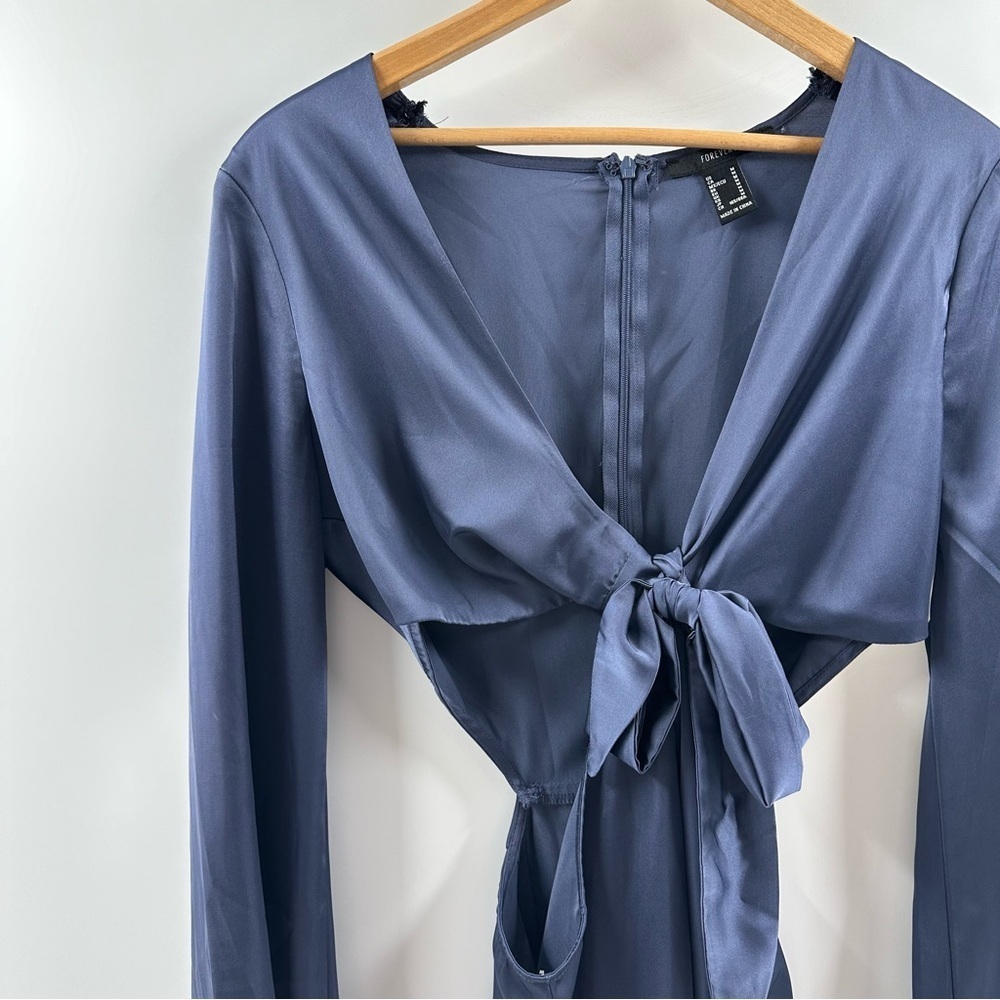 Forever 21 Blue Satin Deep V-Neck Cutout Dress – Size M - Picture 2 of 7